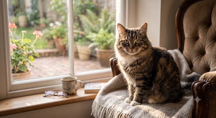 Getigerte Hauskatze auf einem Sessel am Fenster – Katzenversicherung für Wohnungskatzen und Freigänger