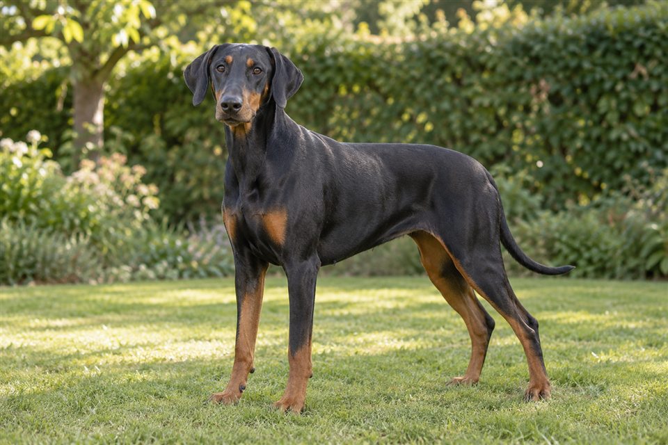 Dobermann im Grünen.