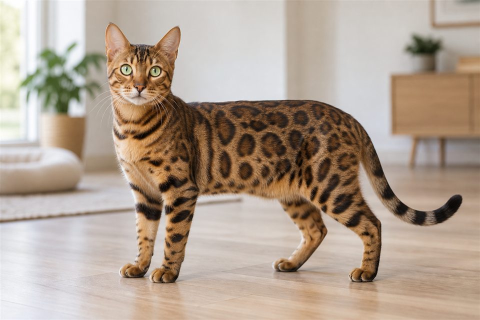 Bengalkatze in einem hellen Wohnraum.