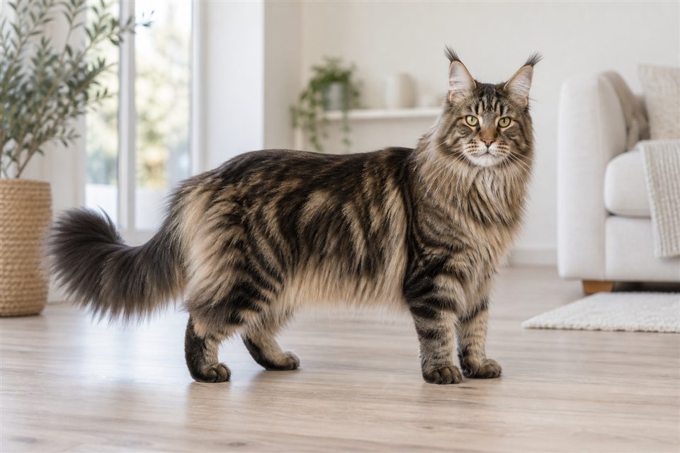 Maine Coon in einem hellen Wohnraum.