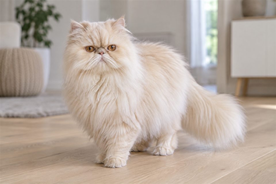 Perserkatze in einem hellen Wohnraum.