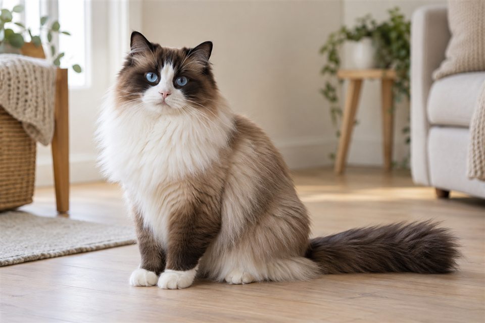 Ragdoll in einem hellen Wohnraum.