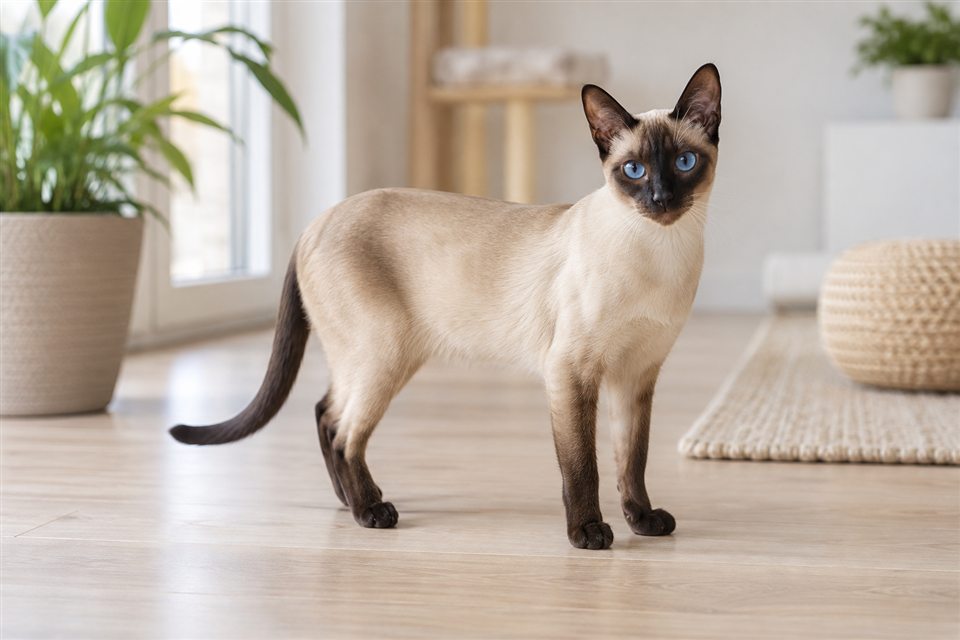 Siamkatze in einem hellen Wohnraum.