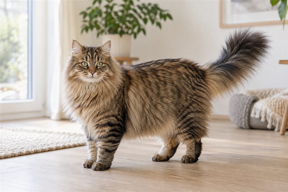 Sibirische Katze in einem hellen Wohnraum.