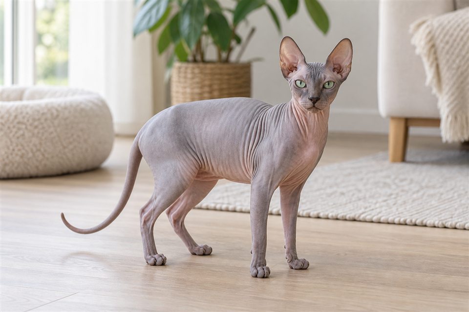 Sphynx in einem hellen Wohnraum.
