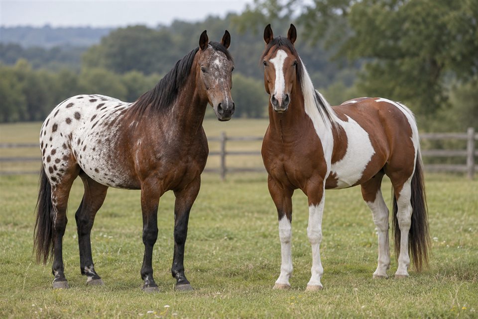 Appaloosa und Paint Horse auf einer Weide.