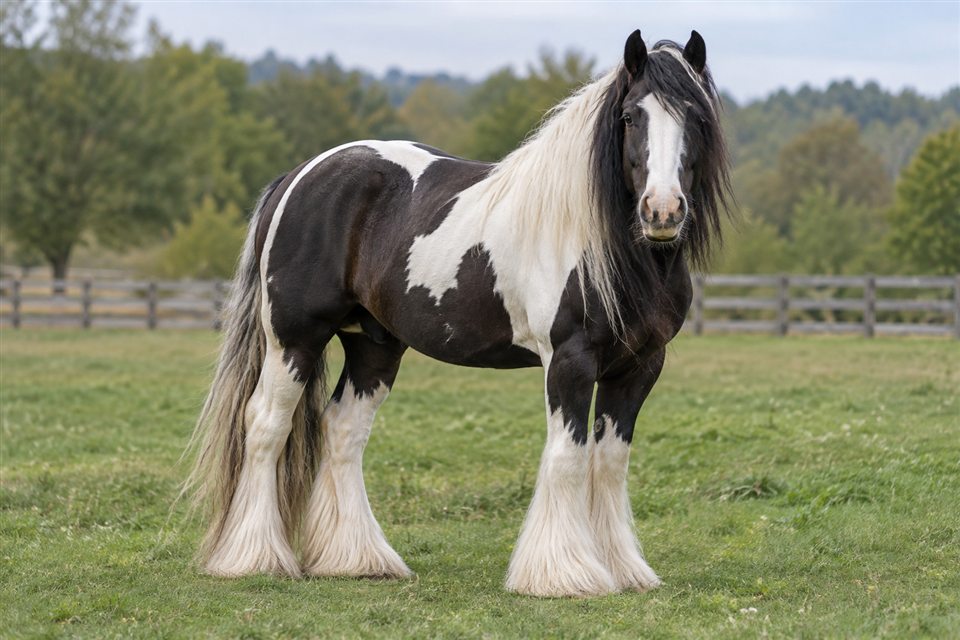 Tinker (Irish Cob) auf einer Weide.